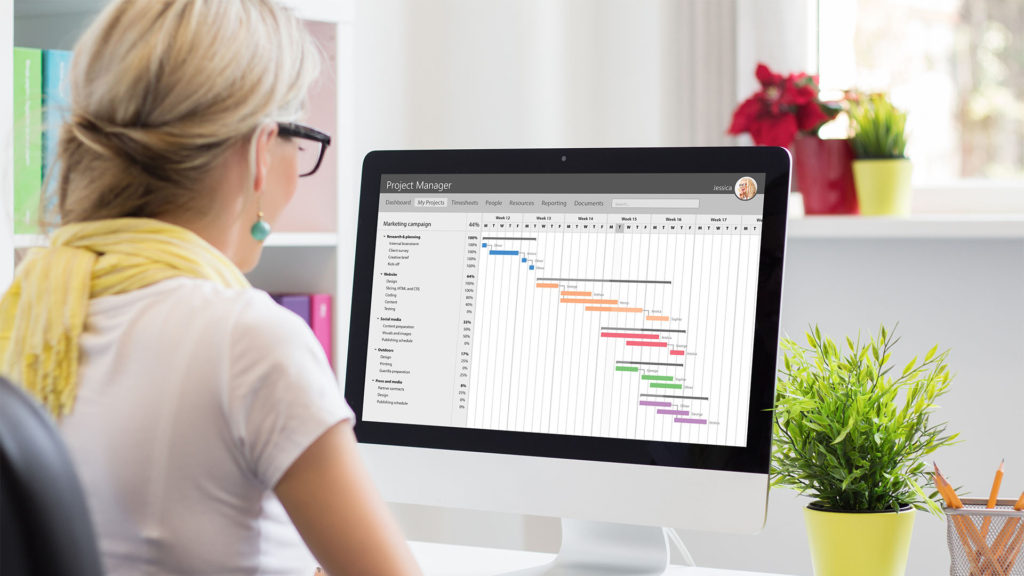 Como gerenciar projetos usando softwares de gestão - mulher com computador usando um gráfico de Gantt
